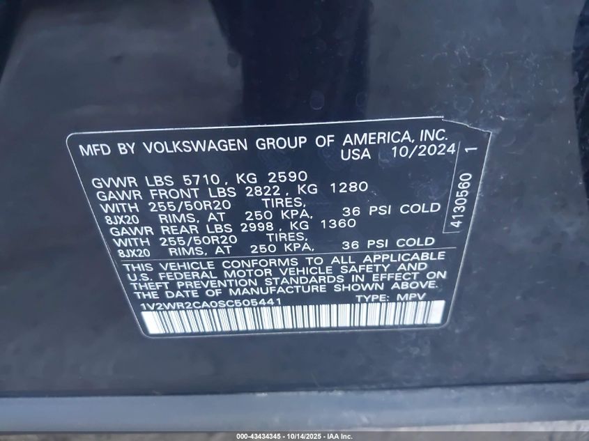 2025 Volkswagen Atlas 2.0T Se W/Technology VIN: 1V2WR2CA0SC505441 Lot: 43434345