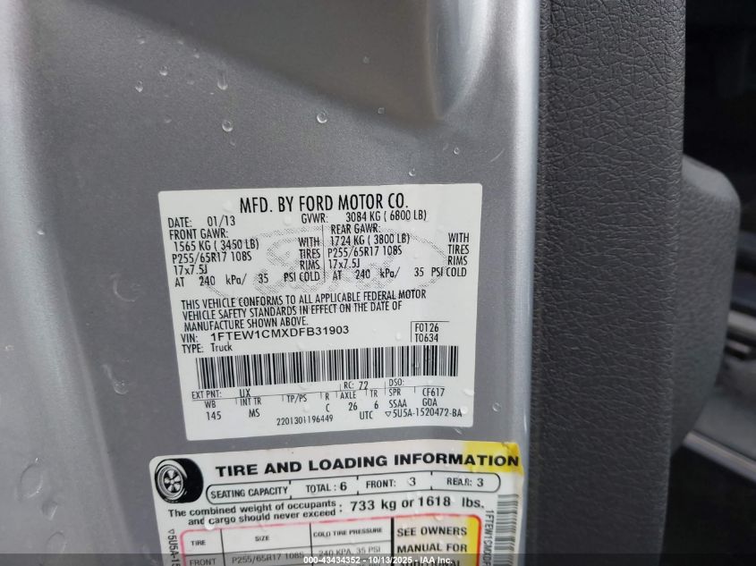 2013 Ford F-150 Xlt VIN: 1FTEW1CMXDFB31903 Lot: 43434352