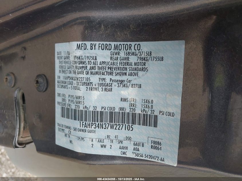 2007 Ford Focus S/Se/Ses VIN: 1FAHP34N37W227105 Lot: 43434355