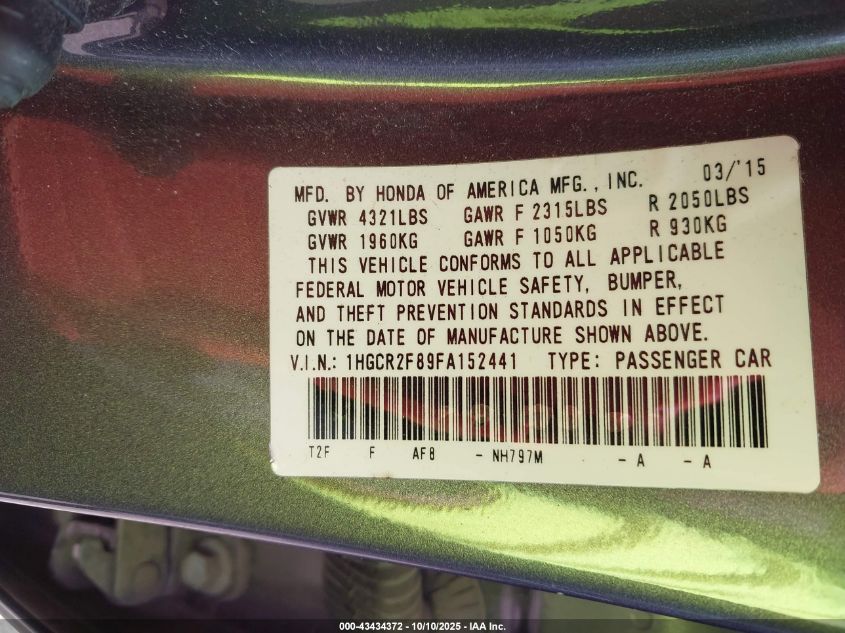 2015 Honda Accord Ex-L VIN: 1HGCR2F89FA152441 Lot: 43434372