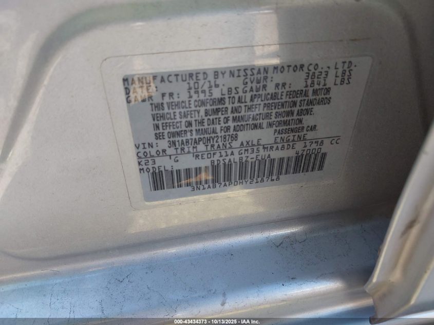 2017 Nissan Sentra S VIN: 3N1AB7AP0HY218768 Lot: 43434373