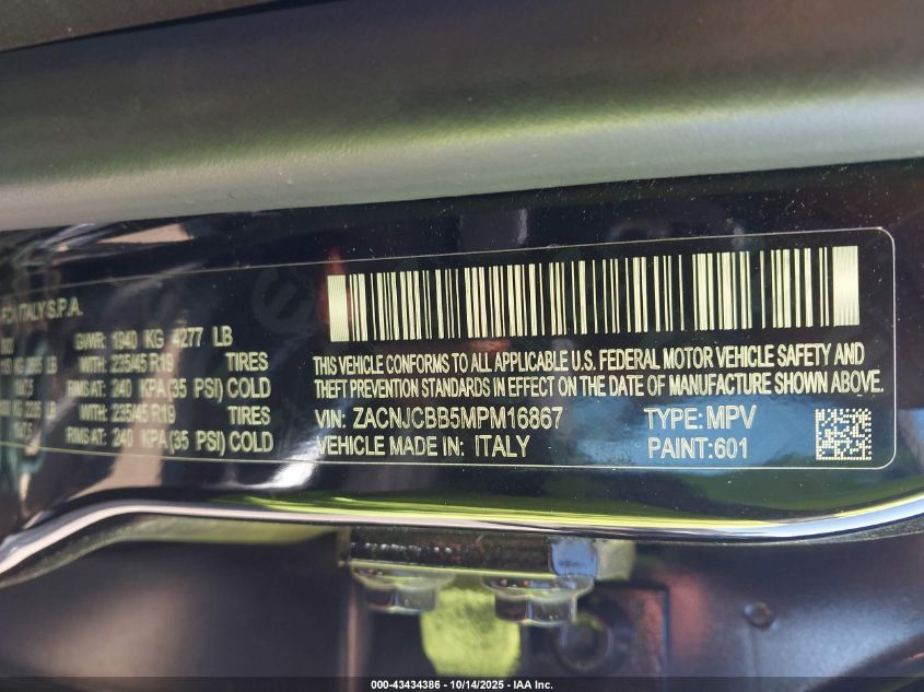 2021 Jeep Renegade Latitude Fwd VIN: ZACNJCBB5MPM16867 Lot: 43434386