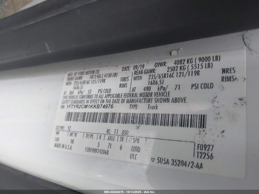 2019 Ford Transit-250 VIN: 1FTYR2CM1KKB74976 Lot: 43434419