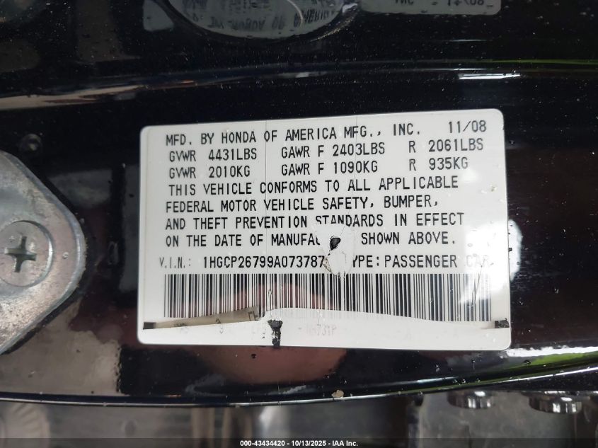 2009 Honda Accord 2.4 Ex VIN: 1HGCP26799A073787 Lot: 43434420