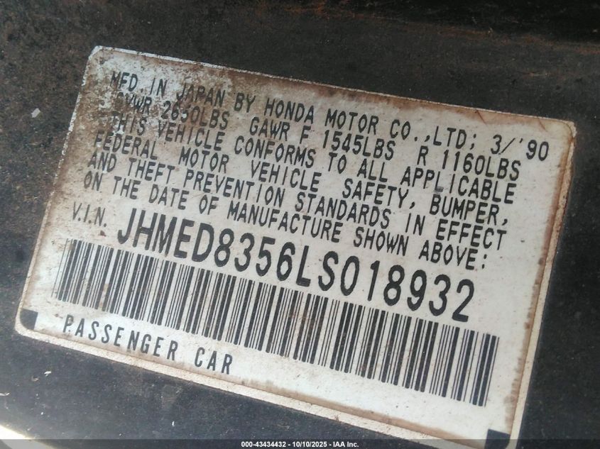 1990 Honda Civic Crx Dx VIN: JHMED8356LS018932 Lot: 43434432
