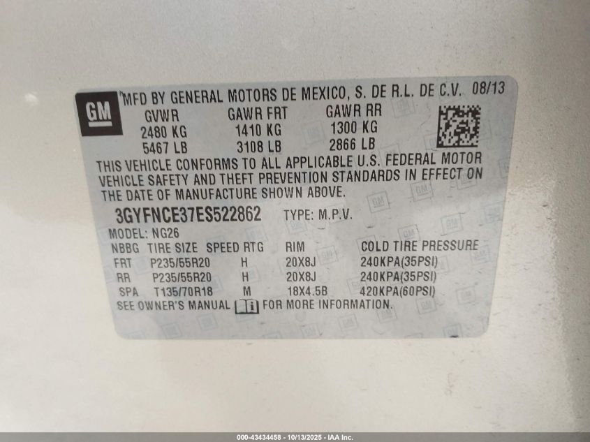 2014 Cadillac Srx Performance Collection VIN: 3GYFNCE37ES522862 Lot: 43434458