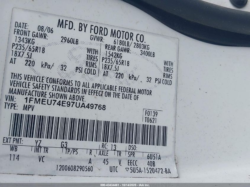 2007 Ford Explorer Eddie Bauer VIN: 1FMEU74E97UA49768 Lot: 43434461