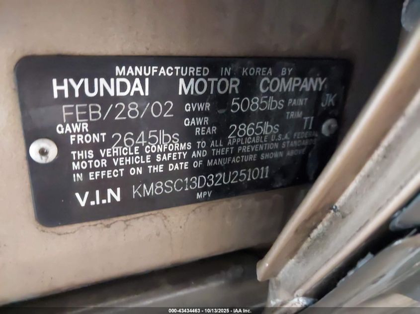 2002 Hyundai Santa Fe Gls/Lx VIN: KM8SC13D32U251011 Lot: 43434463