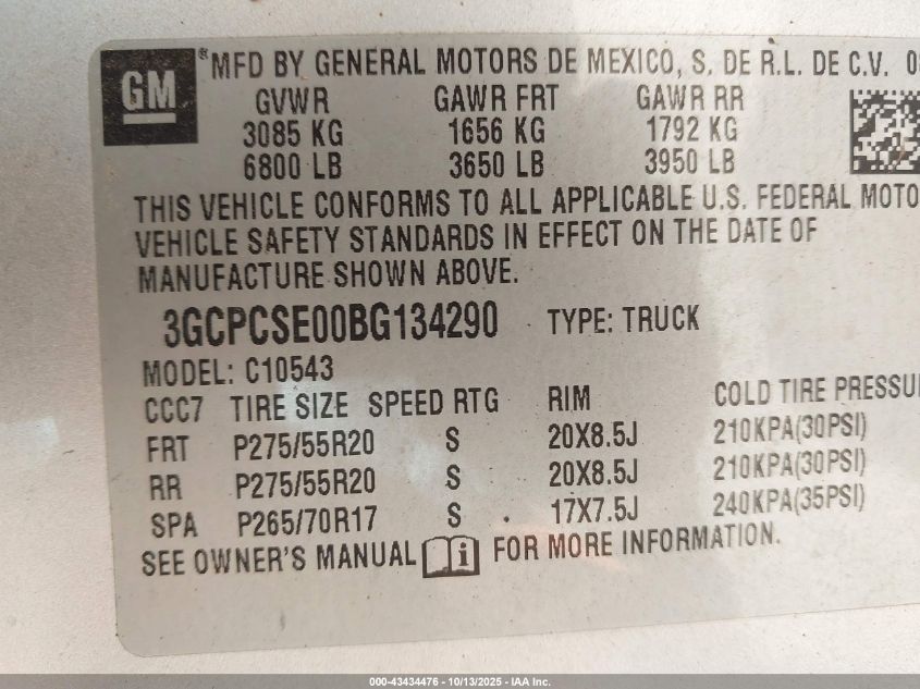 2011 Chevrolet Silverado 1500 Lt VIN: 3GCPCSE00BG134290 Lot: 43434476