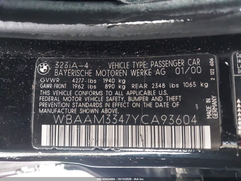 2000 BMW 323I VIN: WBAAM3347YCA93604 Lot: 43434484