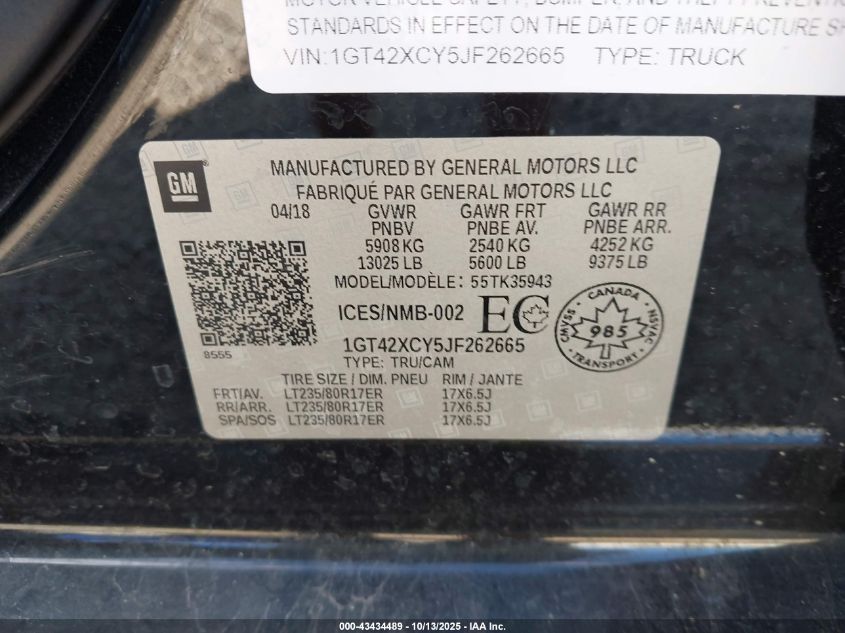 2018 GMC Sierra 3500Hd Slt VIN: 1GT42XCY5JF262665 Lot: 43434489