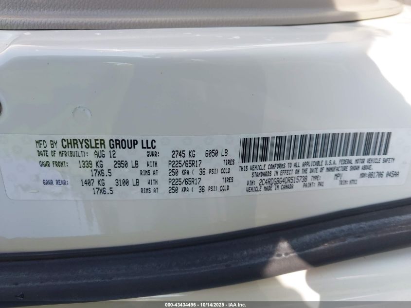 2013 Dodge Grand Caravan Se VIN: 2C4RDGBG4DR515738 Lot: 43434496