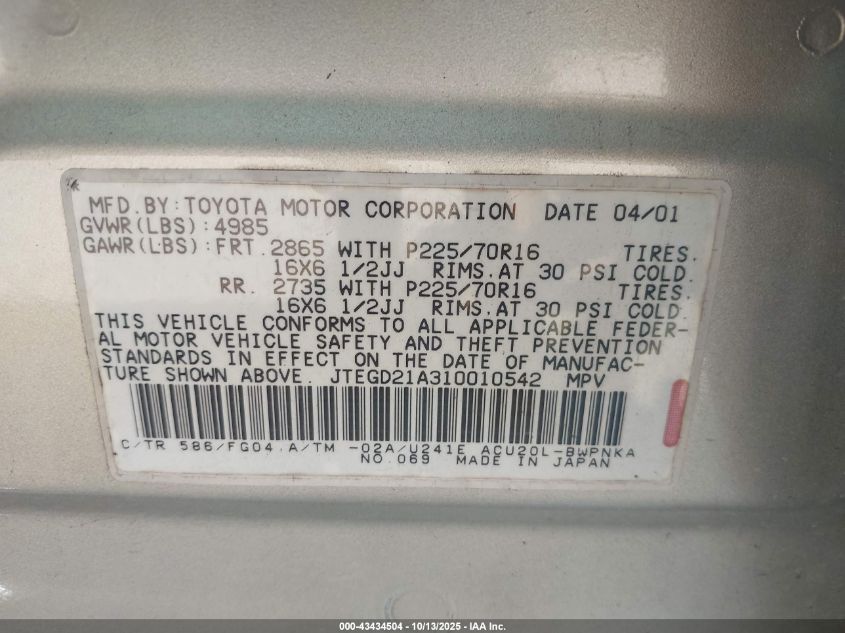 2001 Toyota Highlander VIN: JTEGD21A310010542 Lot: 43434504