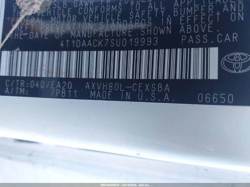 2025 Toyota Camry Se VIN: 4T1DAACK7SU019993 Lot: 43434514