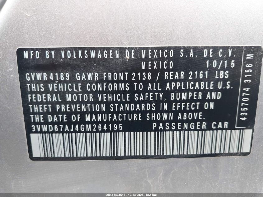 2016 Volkswagen Jetta 1.4T Se VIN: 3VWD67AJ4GM264195 Lot: 43434516