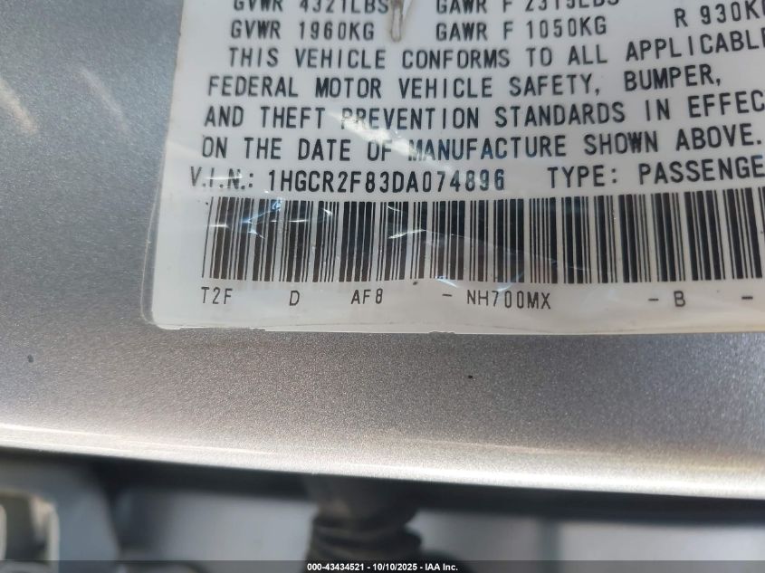 2013 Honda Accord Ex-L VIN: 1HGCR2F83DA074896 Lot: 43434521