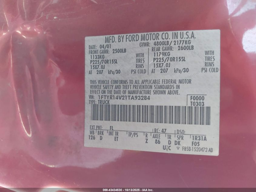 2001 Ford Ranger Edge/Xl/Xlt VIN: 1FTYR14V21TA93284 Lot: 43434530