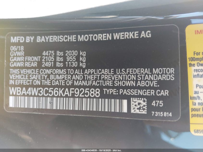 2019 BMW 430I VIN: WBA4W3C56KAF92588 Lot: 43434539
