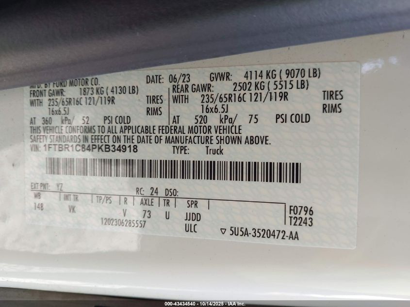 2023 Ford Transit-250 VIN: 1FTBR1C84PKB34918 Lot: 43434540