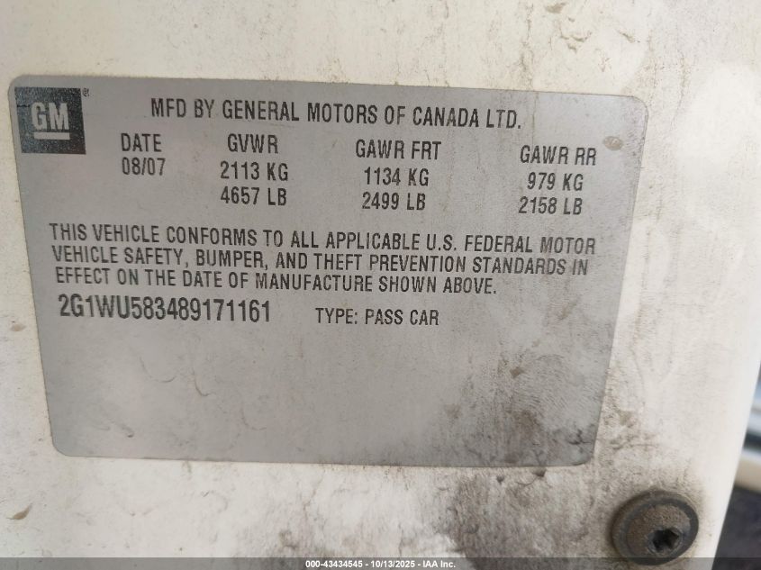 2008 Chevrolet Impala Ltz VIN: 2G1WU583489171161 Lot: 43434545