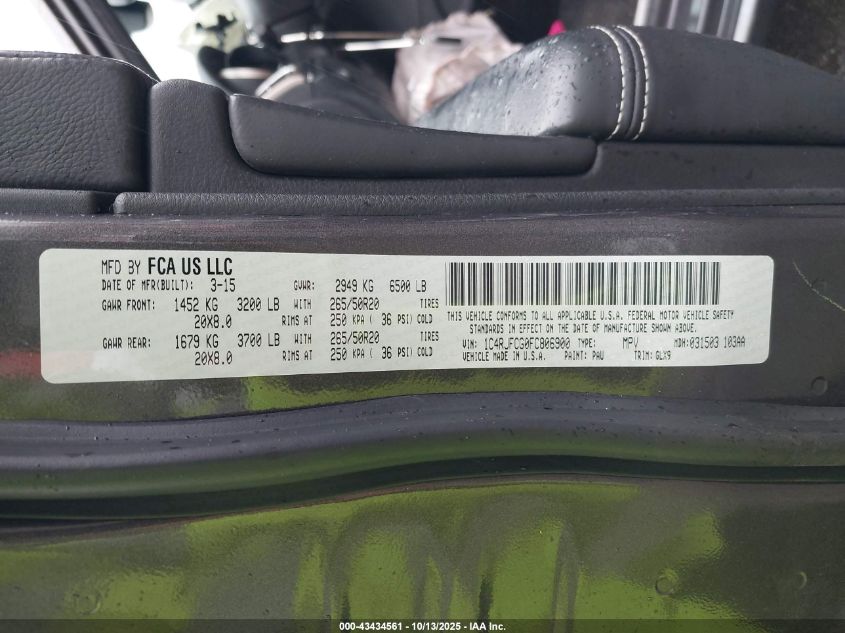 2015 Jeep Grand Cherokee Overland VIN: 1C4RJFCG0FC806900 Lot: 43434561