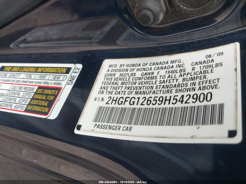 2009 Honda Civic Lx VIN: 2HGFG12659H542900 Lot: 43434563