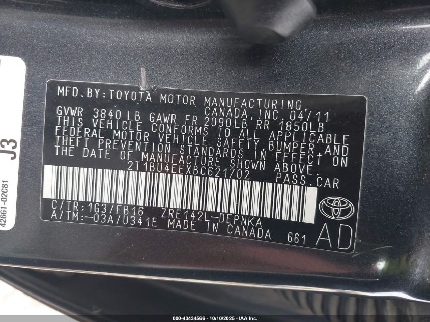 2011 Toyota Corolla Le VIN: 2T1BU4EEXBC621702 Lot: 43434566