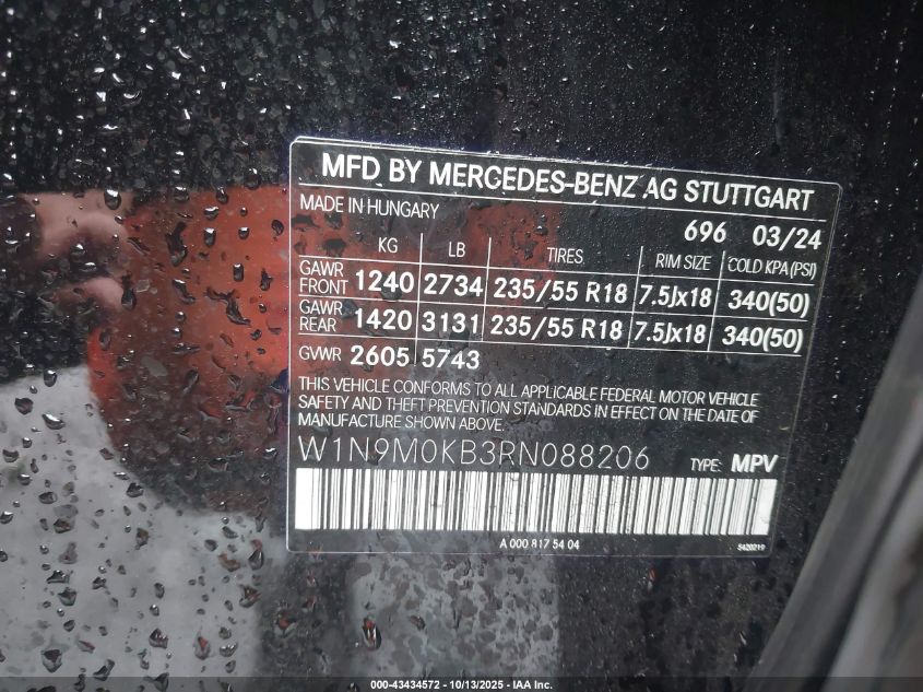 2024 Mercedes-Benz Eqb 300 Suv 4Matic VIN: W1N9M0KB3RN088206 Lot: 43434572