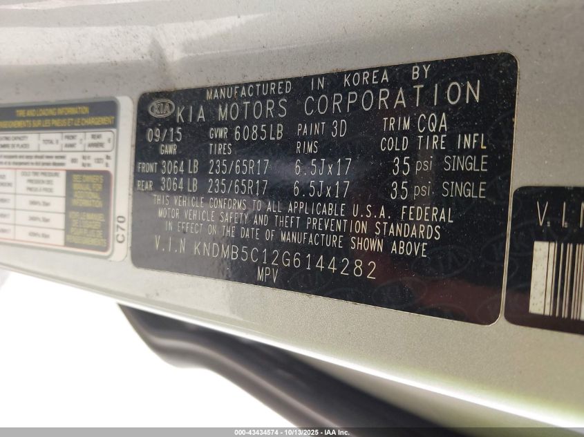 2016 Kia Sedona Lx VIN: KNDMB5C12G6144282 Lot: 43434574