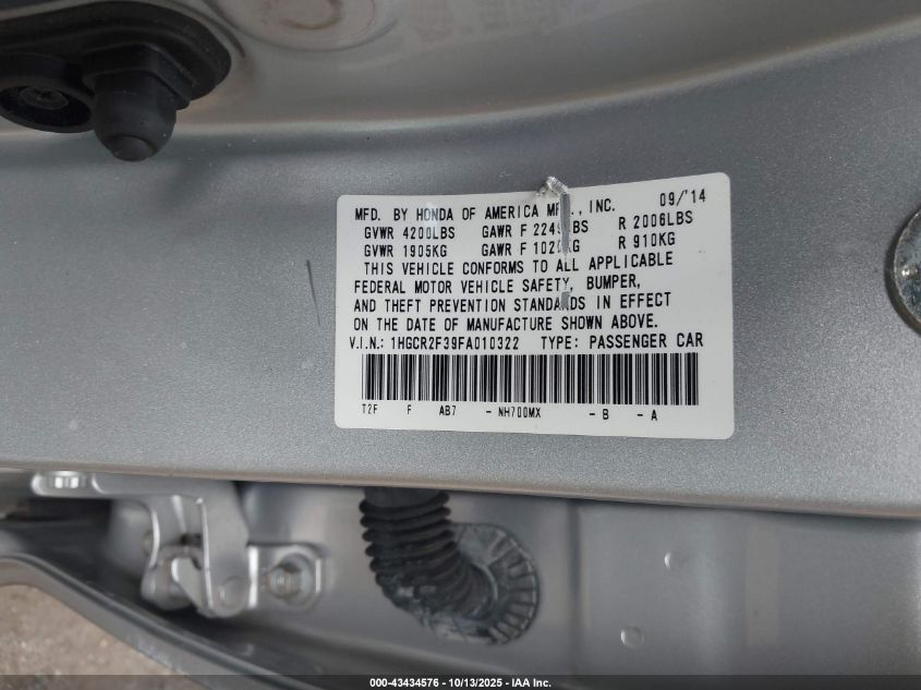 2015 Honda Accord Lx VIN: 1HGCR2F39FA010322 Lot: 43434576