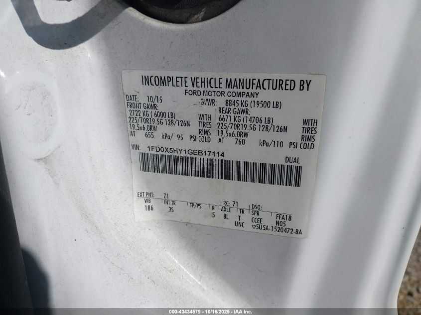 2016 Ford F-550 Chassis Xlt VIN: 1FD0X5HY1GEB17114 Lot: 43434579