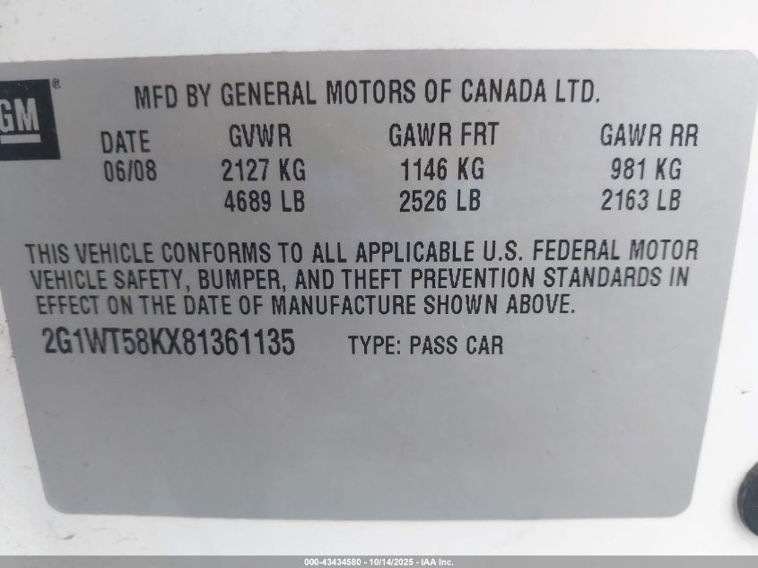 2008 Chevrolet Impala Lt VIN: 2G1WT58KX81361135 Lot: 43434580