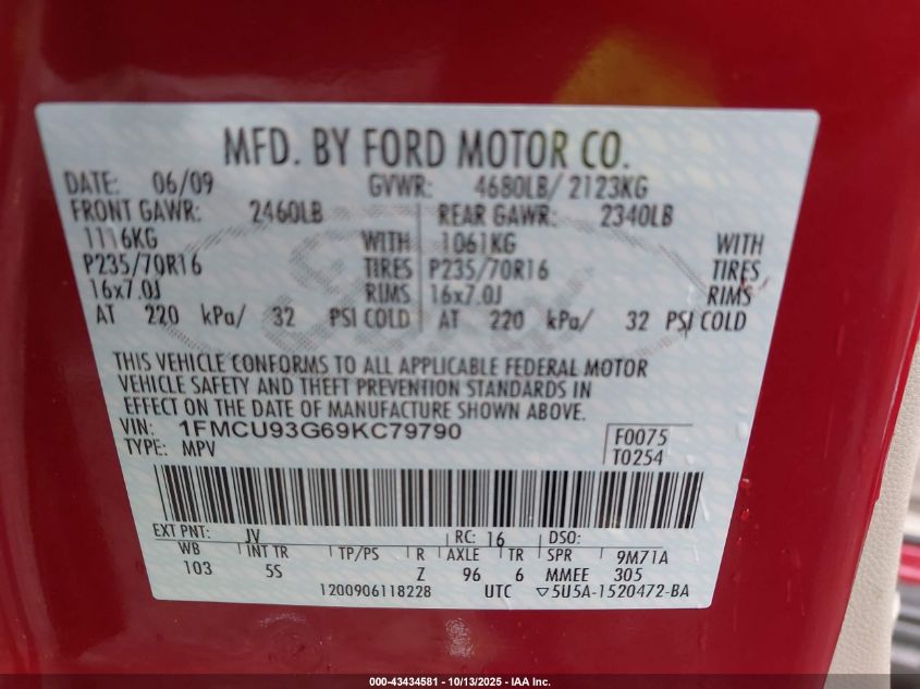 2009 Ford Escape Xlt VIN: 1FMCU93G69KC79790 Lot: 43434581