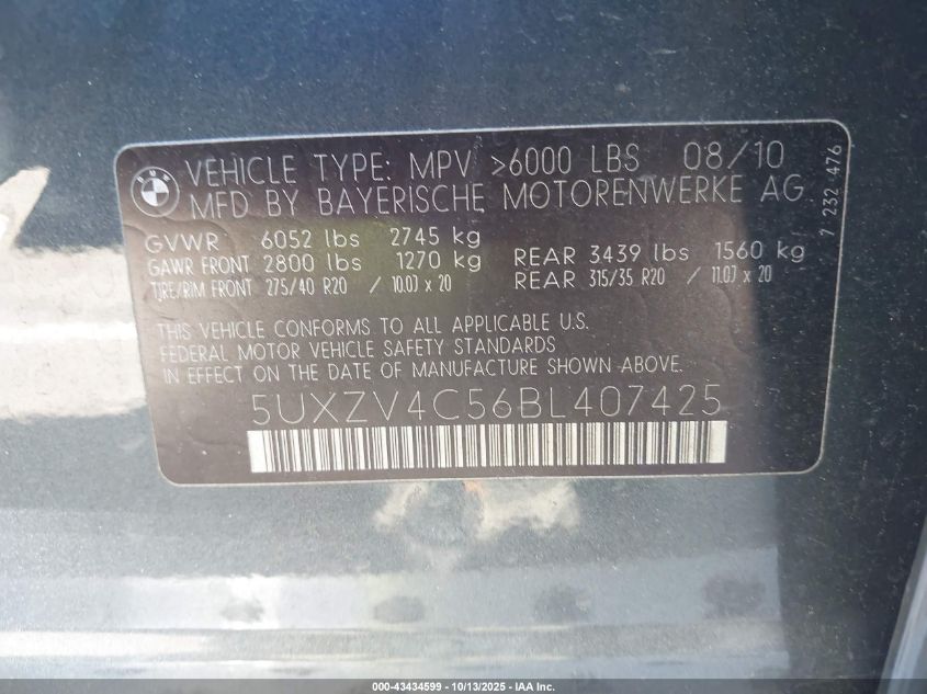 2011 BMW X5 xDrive35I/xDrive35I Premium/xDrive35I Sport Activity VIN: 5UXZV4C56BL407425 Lot: 43434599