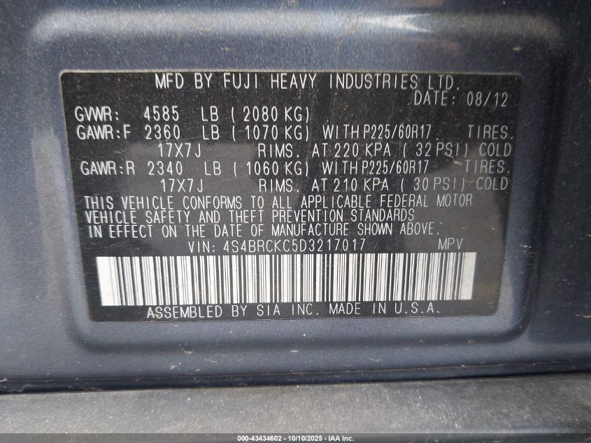 2013 Subaru Outback 2.5I Limited VIN: 4S4BRCKC5D3217017 Lot: 43434602