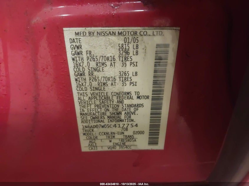 2005 Nissan Frontier Se VIN: 1N6AD07W05C417754 Lot: 43434610