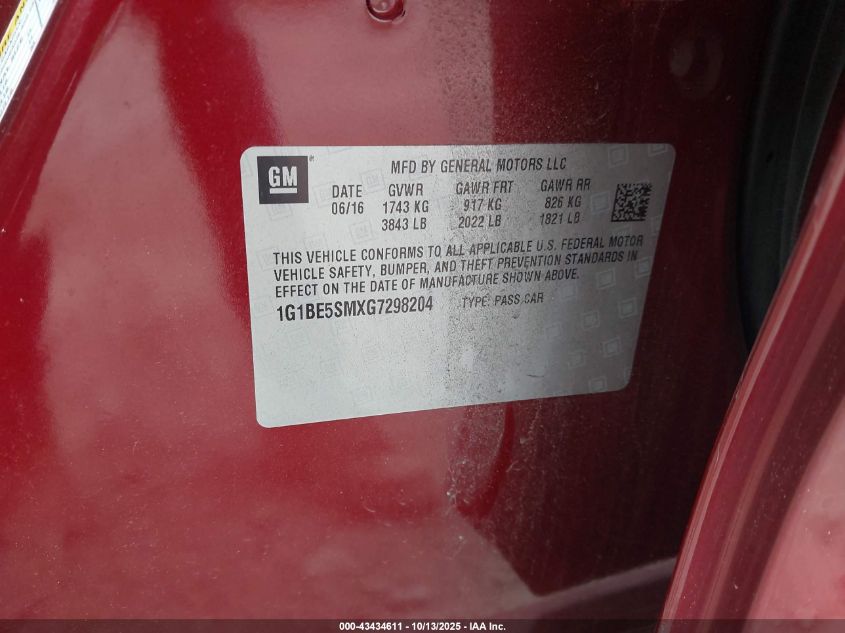 2016 Chevrolet Cruze Lt Auto VIN: 1G1BE5SMXG7298204 Lot: 43434611