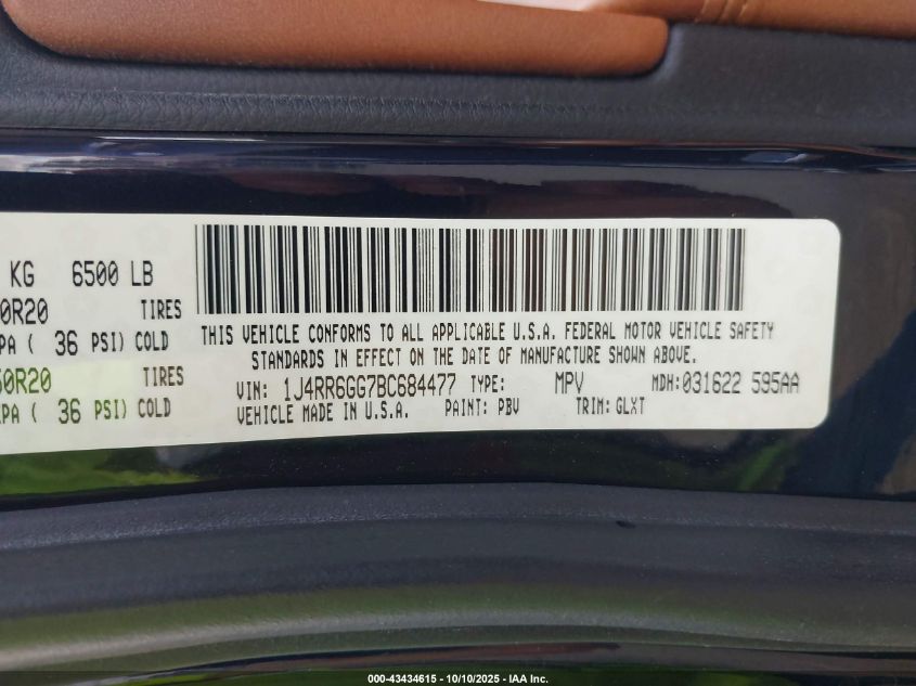 2011 Jeep Grand Cherokee Overland VIN: 1J4RR6GG7BC684477 Lot: 43434615