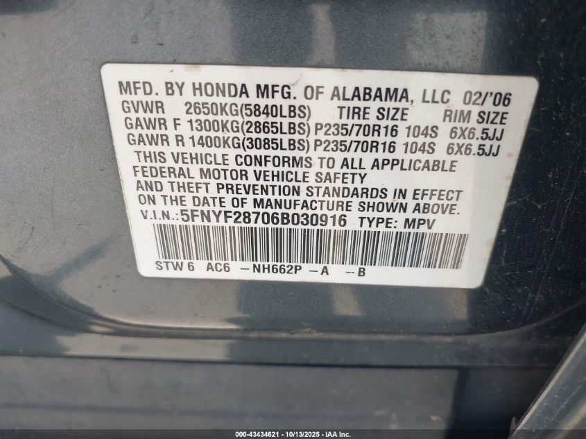 2006 Honda Pilot Ex-L VIN: 5FNYF28706B030916 Lot: 43434621