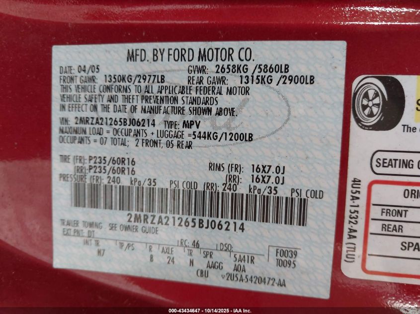 2005 Mercury Monterey Convenience VIN: 2MRZA21265BJ06214 Lot: 43434647