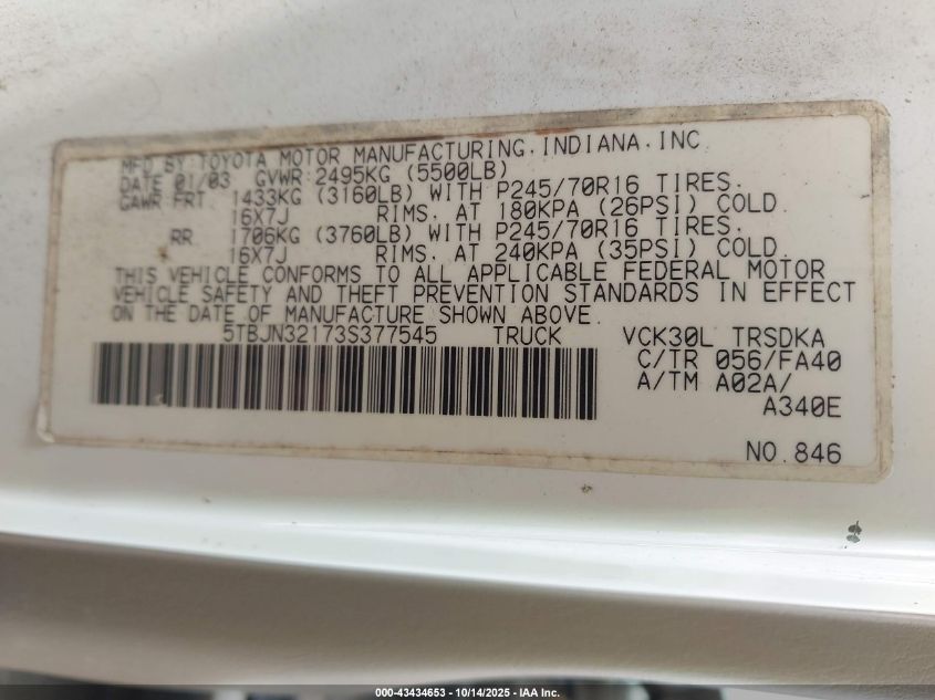 2003 Toyota Tundra VIN: 5TBJN32173S377545 Lot: 43434653