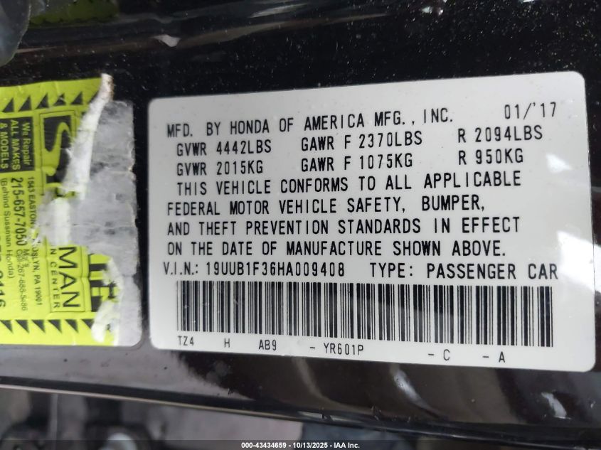 2017 Acura Tlx VIN: 19UUB1F36HA009408 Lot: 43434659