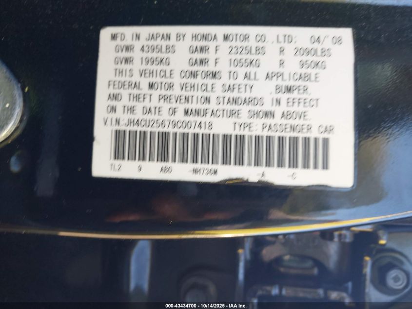 2009 Acura Tsx VIN: JH4CU25679C007418 Lot: 43434700