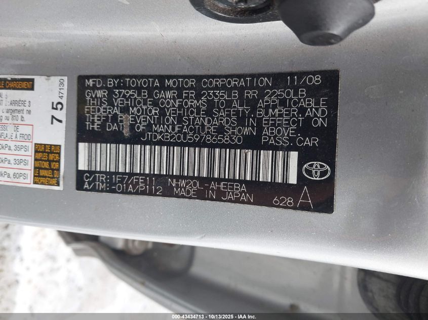 2009 Toyota Prius VIN: JTDKB20U597865830 Lot: 43434713