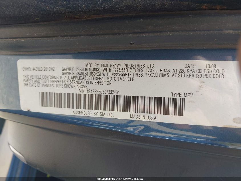 2009 Subaru Outback 2.5I Limited VIN: 4S4BP66C597332461 Lot: 43434715