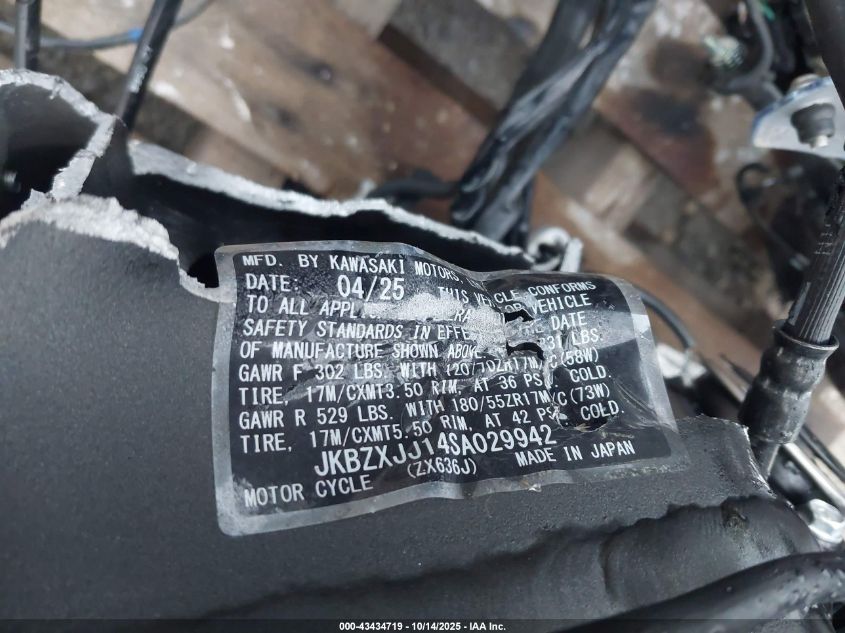 2025 Kawasaki Zx636 K VIN: JKBZXJJ14SA029942 Lot: 43434719