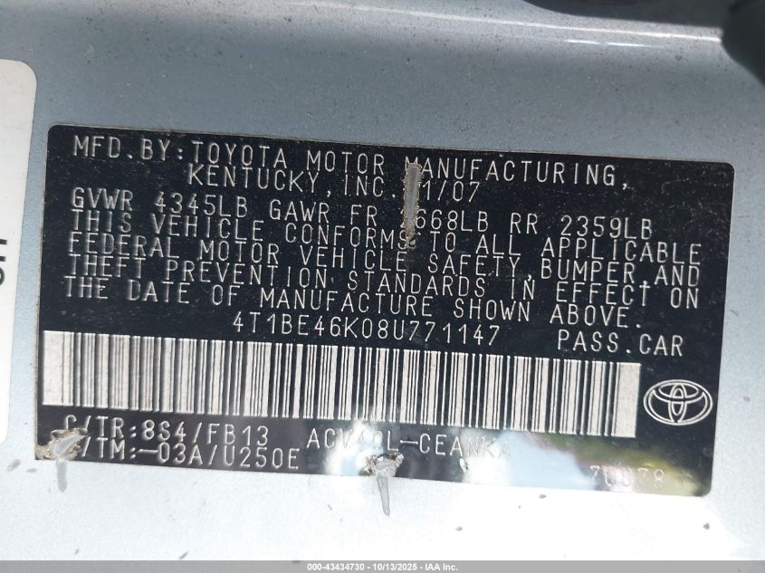 2008 Toyota Camry Le VIN: 4T1BE46K08U771147 Lot: 43434730