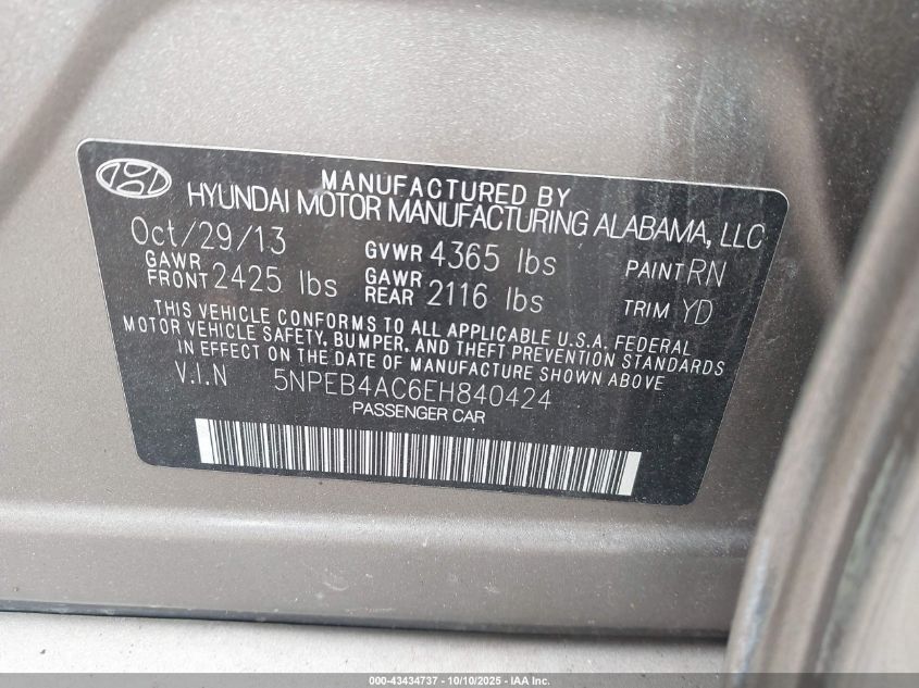 2014 Hyundai Sonata Gls VIN: 5NPEB4AC6EH840424 Lot: 43434737