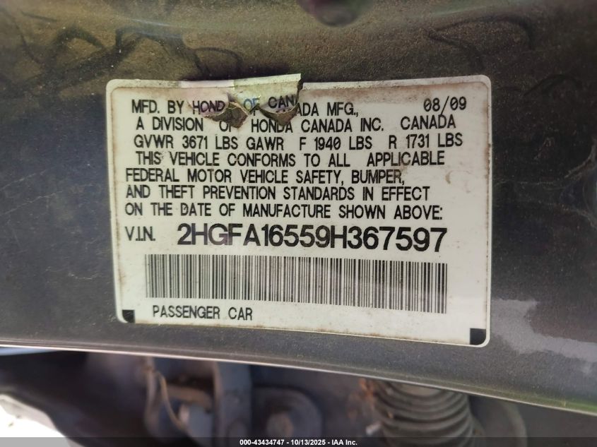 2009 Honda Civic Lx VIN: 2HGFA16559H367597 Lot: 43434747