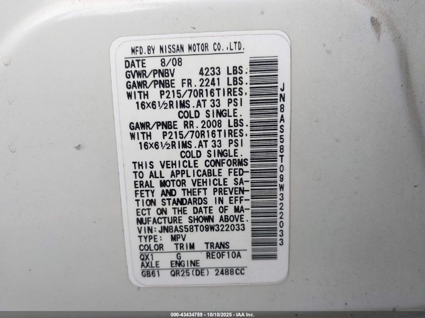 2009 Nissan Rogue S VIN: JN8AS58T09W322033 Lot: 43434759